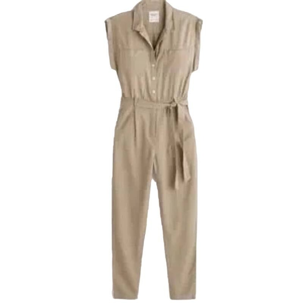Abercrombie & Fitch Khaki Tan Belted Utility Short Sleeve Jumpsuit XLT NWOT